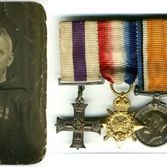 Photographic print of Fr. Ignatius Collins OFM Cap. (1885-1961), an Irish Capuchin priest, and the medals awarded to him for his service as a chaplain during the First World War. Courtesy of the Irish Capuchin Provincial Archives